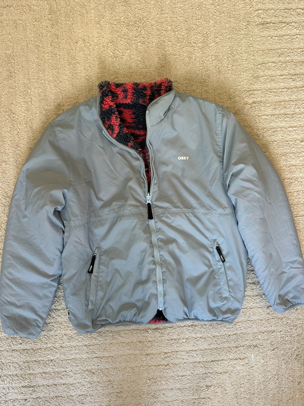 OBEY Light Blue Reversible Windbreaker Jacket with Branded Zip Pull